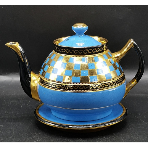 493 - VICTORIAN TERRACOTTA (Hand Painted) TEAPOT & STAND IN GOLD & BLUE CHECK DESIGN