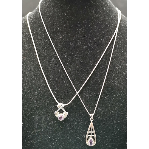 500 - PRESENTED AS TWO SILVER AMYTHST STONE SET PENDANTS Plus 40cm NECK CHAINS (Hallmarked) (Total Weight ... 