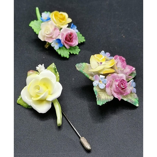 506 - FLORAL FLOWER BROOCHES (3) Including ADDERLEY & OLD ROYAL CHINA