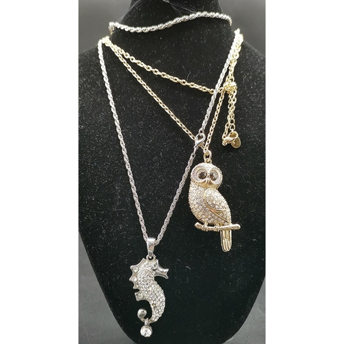 512 - CRYSTAL GLASS YELLOW & WHITE METAL OWL PENDANT On A  42cm NECK CHAIN Plus A SEAHORSE PENDANT On A 40... 