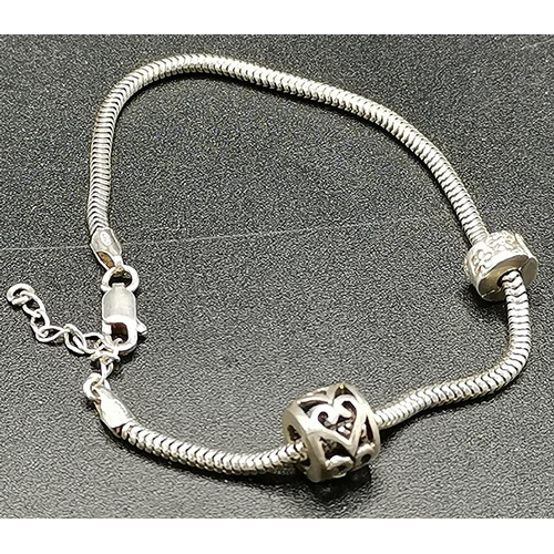 515 - PRESENTED AS A SILVER PANDORA STYLE BRACELET With TWO CHARMS (Stamped Charm Company) (Size 18cm Tota... 