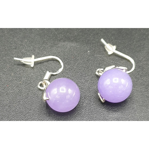 545 - PRESENTED AS A PAIR OF SILVER (925) / LAVENDER JADE STONED EARRINGS