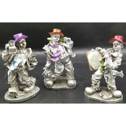 566 - SILVER TONE /METALLIC 15cm CLOWN FIGURINES (3)