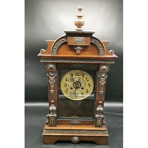 1051 - WOODEN CASED AMERICAN 59cm CHIMING ALARM CLOCK  (Found To Be Running When Photographed)  (Key And Pe... 