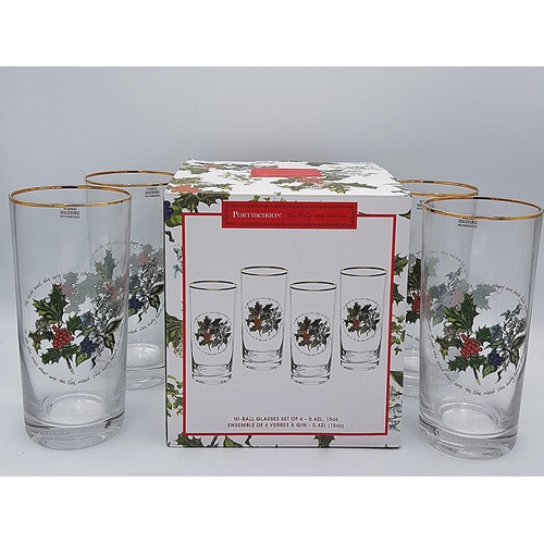 1223 - PORTMEIRION GLASS (Boxed Set Of Four) HI-BALL GLASSES IN THE HOLLY & IVY DESIGN