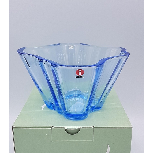 1224 - IITTALA BLUE GLASS 14cm Dia BOWL IN THE AOLTO DESIGN (Original Box)