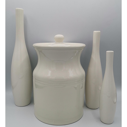 523 - CREAM STORAGE JAR Plus EHITE BUD VASES (3)(Please Note This LOT WILL NOT BE PACKED OR SHIPPED...PICK... 