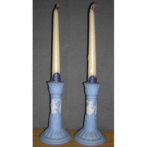 755 - WEDGWOOD BLUE JASPER WARE CANDLESTICKS (2) IN THE DANCING HOURS DESIGN (With Candles)