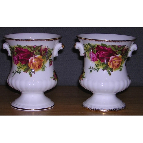 874 - ROYAL ALBERT CHINA TWIN HANDLED VASES (Pair) IN THE OLD COUNTRY ROSES DESIGN