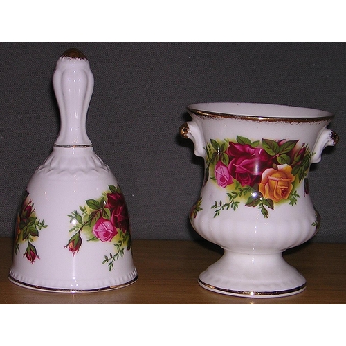 876 - ROYAL ALBERT CHINA TWIN HANDLED VASE Plus BELL IN THE OLD COUNTRY ROSES DESIGN