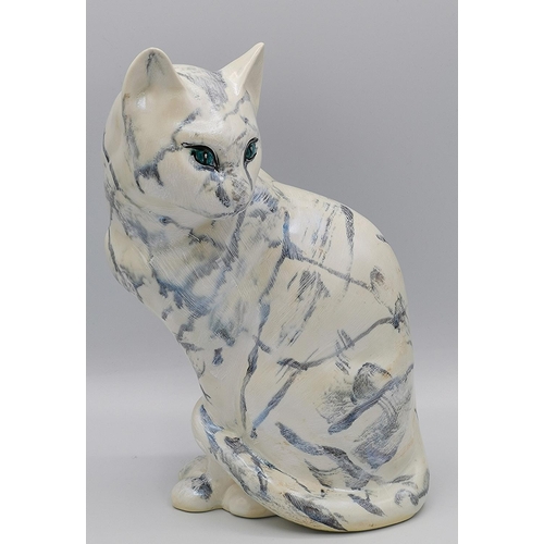 932 - ANITA HARRIS ART POTTERY 20cm MODEL OF A CAT (Sitting)  (Marble Colourway)  Signed In Gold By Anita ... 