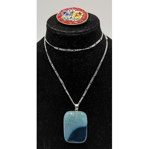 1297 - AGATE PENDANT On SILVER 50cm NECK CHAIN TOGETHER WITH A MICRO MOSAIC BROOCH