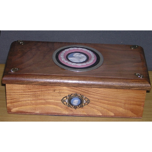 13 - WOODEN TRINKET BOX INLAID WITH JASPER CAMEOS