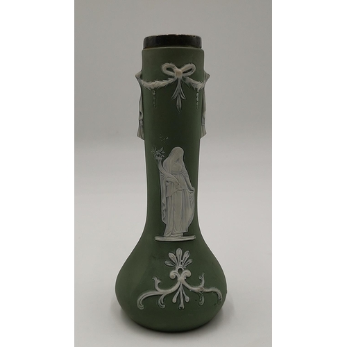 678 - GREEN JASPER WARE 18cm VASE With SILVER (Hallmarked) RIM