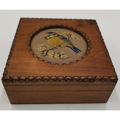 711 - WOODEN 12cm x 12cm EMBROIDED BOX With BIRD   Signed