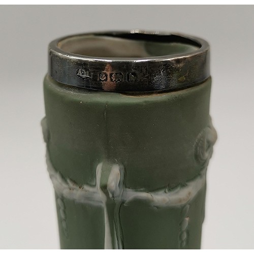 678 - GREEN JASPER WARE 18cm VASE With SILVER (Hallmarked) RIM