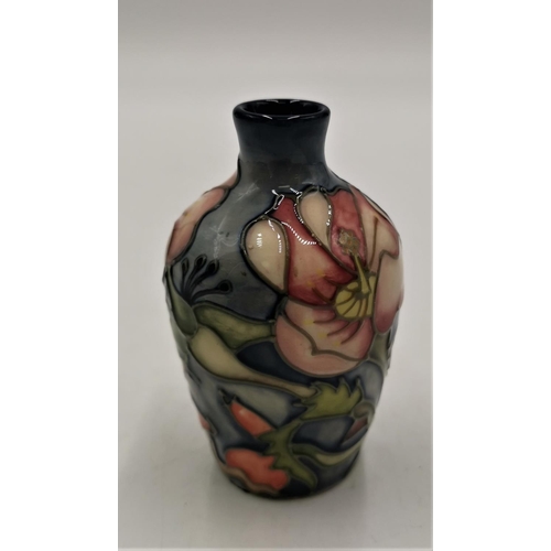 1004 - MOORCROFT 9.5cm VASE DECORATED WITH PINK ROSES & ROSEHIPS Signed Jeanne Mcdougall