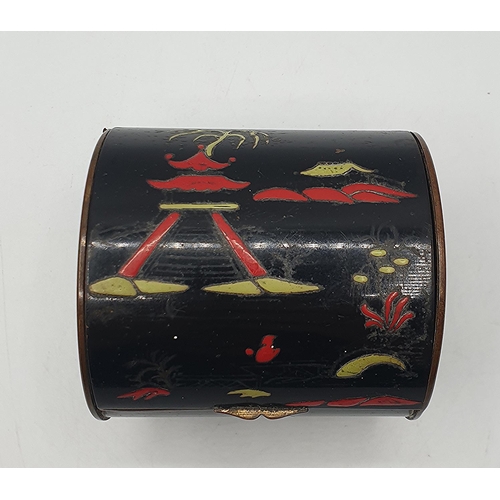 1035 - JAPANESE 8cm x 8.5cm ART DECO ENAMELLED BARREL SHAPED BRASS CIGARETTE BOX c1930s