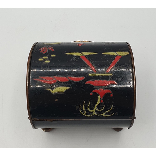 1035 - JAPANESE 8cm x 8.5cm ART DECO ENAMELLED BARREL SHAPED BRASS CIGARETTE BOX c1930s