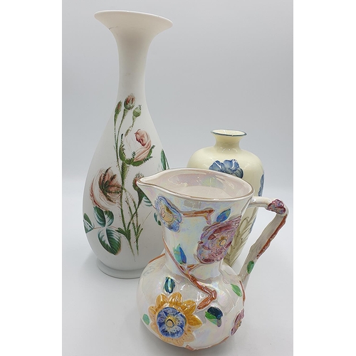 1274 - ARTHUR WOODS LUSTRE WARE 20.5cm JUG Plus 25cm And 40cm FLORAL VASES (2)