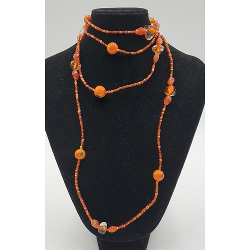 1286 - ORANGE MILLEFIORI 60cm DROP ART DECO FLAPPER 120cm NECKLACE