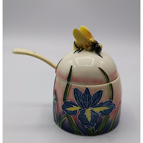 1315 - OLD TUPTON WARE 7cm TUBELINED HONEY POT And SPOON (1363) IN THE IRIS FLOWER DESIGN  (Boxed)