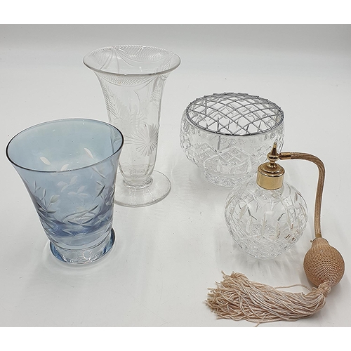 645 - CUT GLASS ATOMISER,ROSE BOWL Plus GLASS VASES (2)