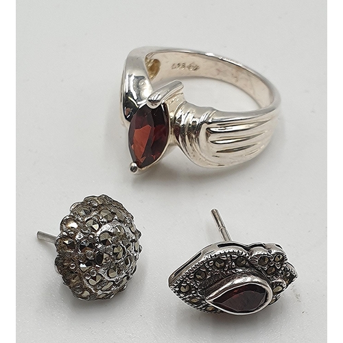 726 - PRESENTED AS A SILVER (925) STONE SET RING (Size L-M) Plus SILVER MARCASITE EARINGS