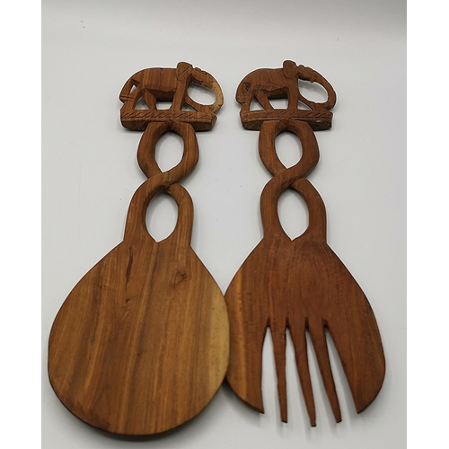 80 - WOODEN CARVED ELEPHANT SALAD SERVERS (Pair)