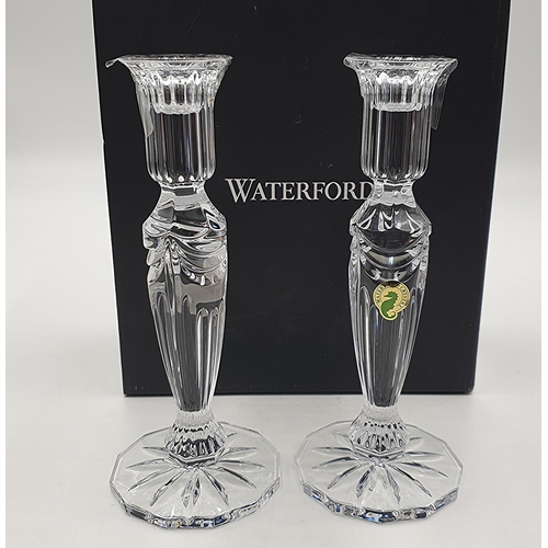 962 - WATERFORD CRYSTAL (Boxed Set Of Two) CANDLESTICKS IN THE PRENTISS DESIGN