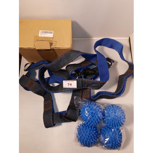 74 - DOGS BLUE HARNESS ,LEASH Plus 4 CHEW BALLS