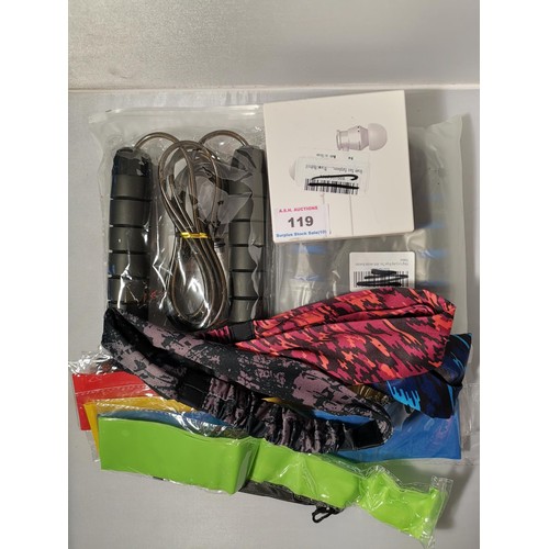 119 - VARIOUS  ITEMS Inc EAR PHONES, RESISTANT BANDS Etc Qty Of