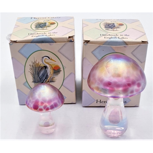 100 - HERON GLASS Small IRIDESCENT PINK GLASS PAPERWEIGHTS (2) MODELLED AS A MUSHROOMS  (Boxed)