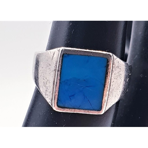 109 - PRESENTED AS A SILVER (925) /TURQUOISE STONE SET SQUARE SHAPE SIGNET RING c1970s  (Size L , Total We... 