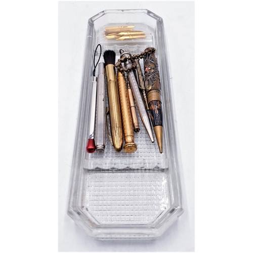 741 - GLASS PEN TRAY With WRITING INSTRUMENTS