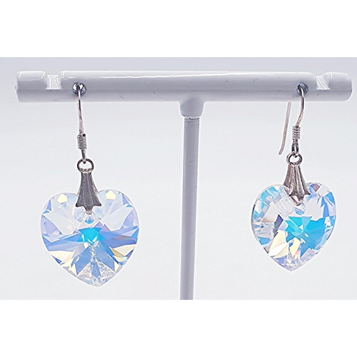 764 - PRESENTED AS A PAIR OF SILVER (925) / CRYSTAL HEART DROP EARRINGS  (Boxed)