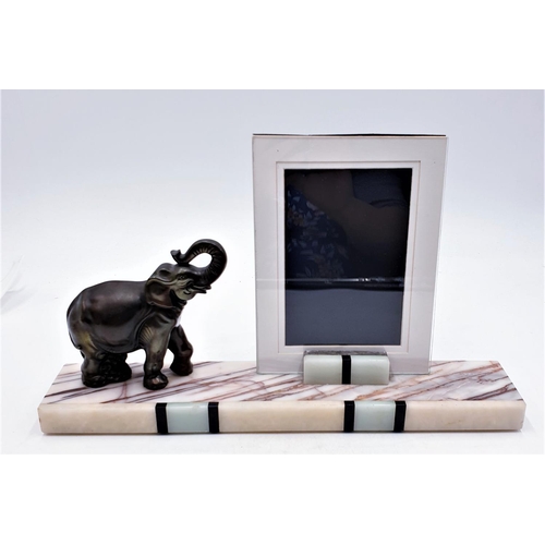 83 - BRONZE ELEPHANT  /MARBLE 40cm x 7cm /GLASS ART DECO TABLE TOP PHOTO DISPLAY (Please Note This Lot WI... 