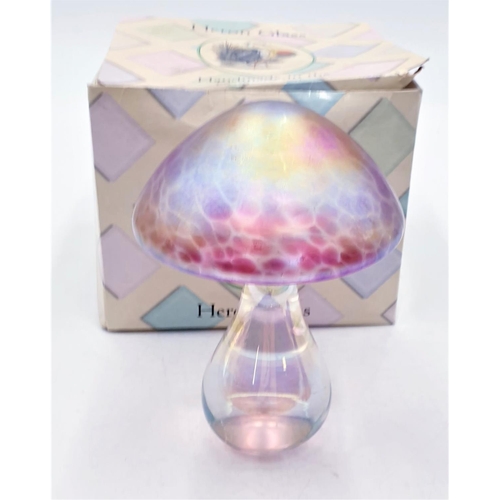 99 - HERON GLASS Large IRIDESCENT PINK GLASS PAPERWEIGHT MODELLED AS A MUSHROOM  (Boxed)