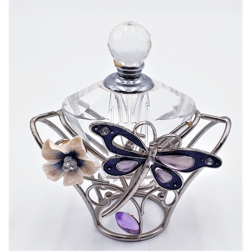 219 - GLASS ART DECO STYLE PERFUME BOTTLE IN METAL HOLDER DECORATED WITH DRAGONFLY & FLOWERS