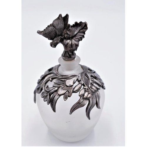 220 - OPAQUE FROSTED GLASS PERFUME BOTTLE WITH METAL OVERLAY DECORATION And METAL BUTTERFLY STOPPER