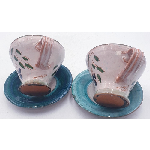 254 - TERRACOTTA CUPS & SAUCERS (2) (Both Signed)