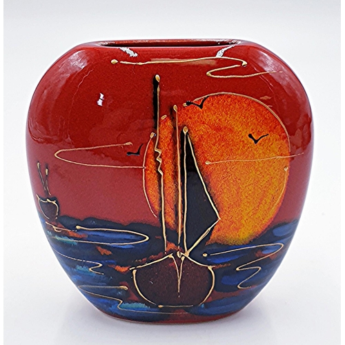 230 - ANITA HARRIS ART POTTERY 12cm PURSE VASE IN THE EVENTIDE DESIGN (Signed In Gold By Anita Harris)