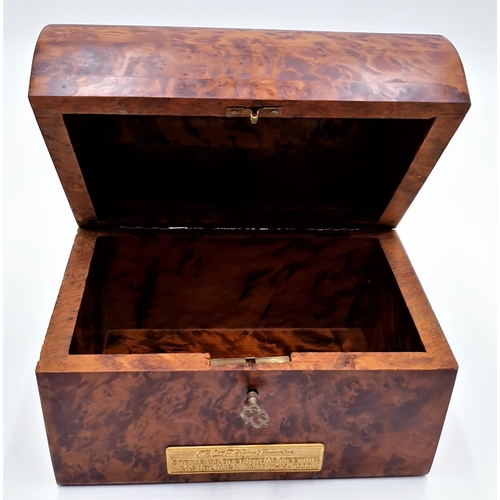 459 - BURR WALNUT 20cm x 15.5cm x 13.5cm COMMITTEE CASKET (With key) (Plaque On Front Reads 