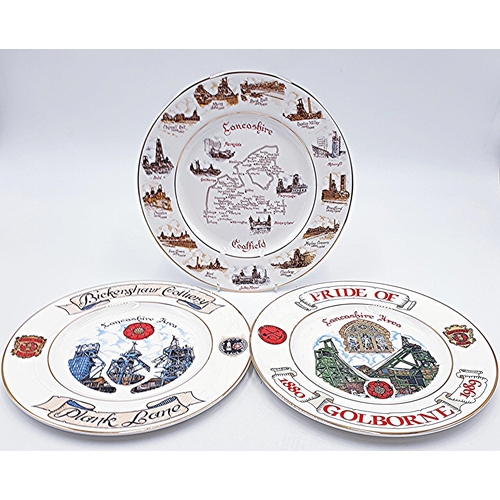 797 - EDWARDIAN FINE BONE CHINA 27cm Dia COALFIELD PLATES (3) 'LANCASHIRE COALFIELD' 'PRIDE OF GOLBOURNE' ... 