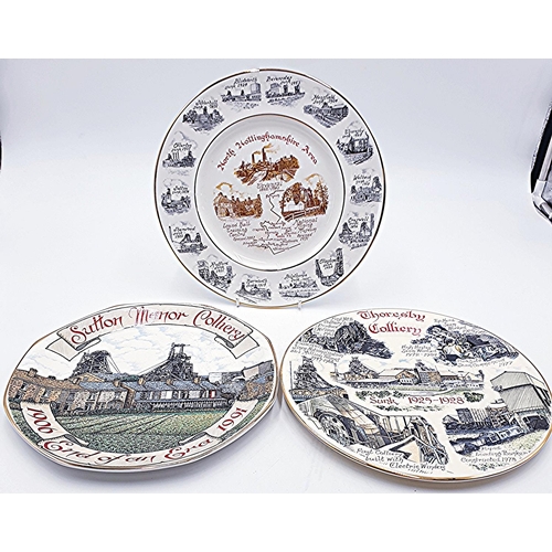 798 - EDWARDIAN FINE BONE CHINA 27cm Dia COALFIELD PLATES (3) 'NORTH NOTTINGHAMSHIRE AREA' 'THORESBY COLLI... 