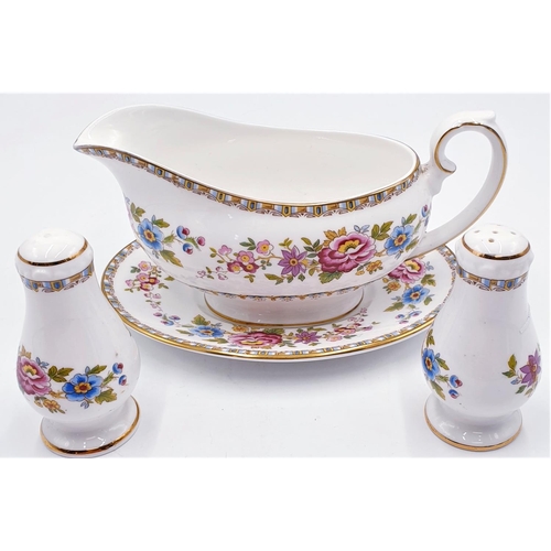 108 - ROYAL GRAFTON CHINA GRAVY BOAT And UNDER TRAY Plus SALT & PEPPER