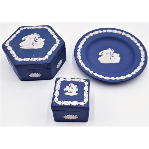 128 - WEDGWOOD DARK BLUE JASPER WARE BOXES (2) Plus TRAY