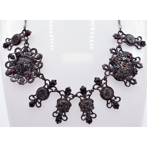 204 - BURMESE SILVER (Sterling) (Late 19th Century) NECKLACE With 21 Small RUBIES  (Total Weight 16 Grams)