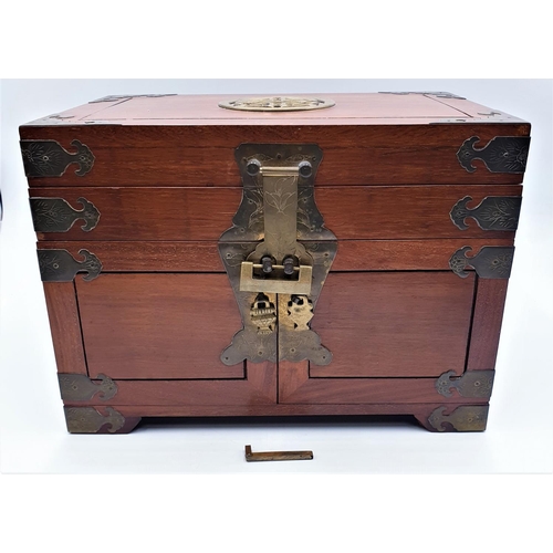 5 - EDWARDIAN CHINESE 35.5 cm x 25.5 x 23 cm STRONG BOX With THREE BRASS DECORATED INNER DRAWERS And SPA... 