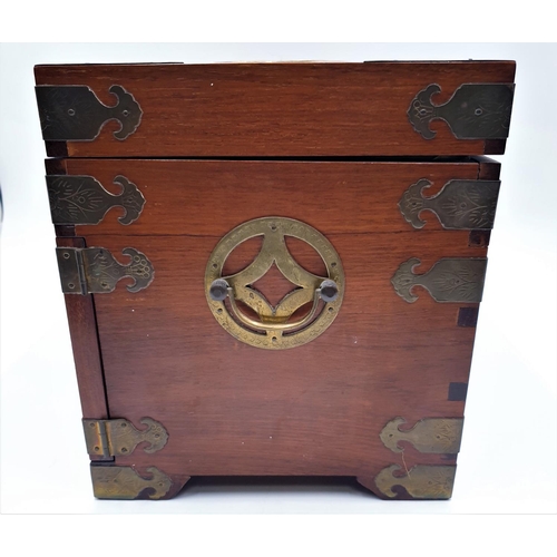 5 - EDWARDIAN CHINESE 35.5 cm x 25.5 x 23 cm STRONG BOX With THREE BRASS DECORATED INNER DRAWERS And SPA... 